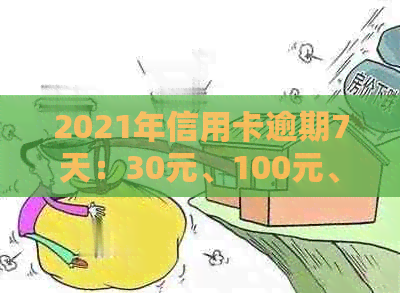 2021年信用卡逾期7天：30元、100元、7000元、100元。