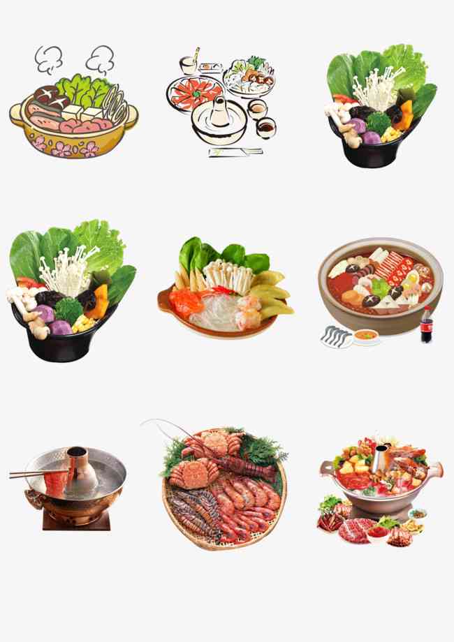 火锅食材插画：火锅食物绘画素材     