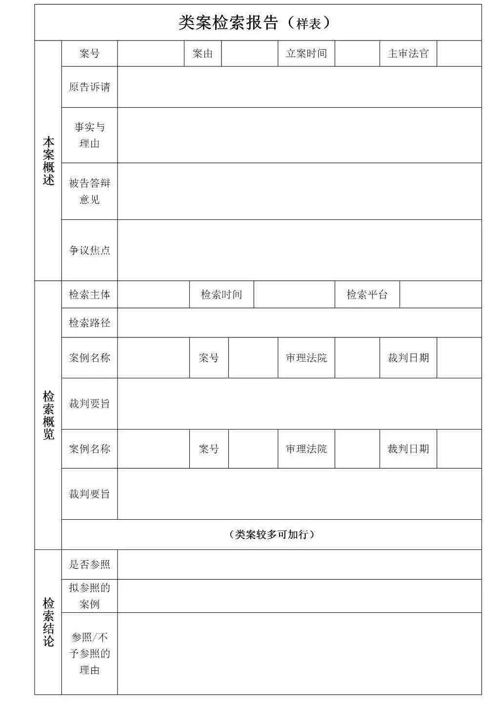 案例检索报告模版：综合分析案例检索表与检索技巧