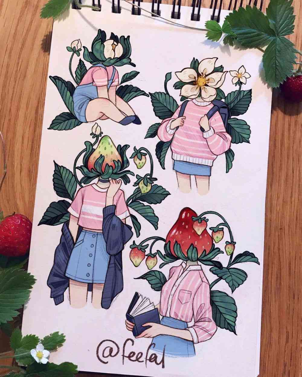 植物拟人插画：女孩与植物人角色图片集，画师创意素材库