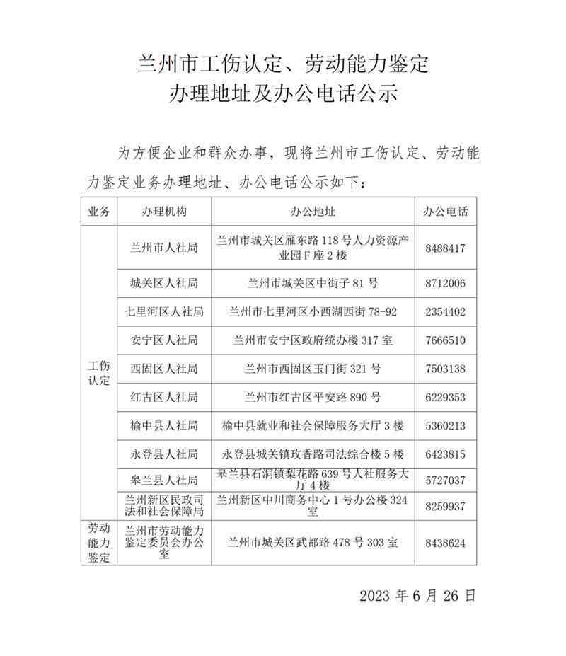 兰州市工伤认定机构地址及联系方式一览