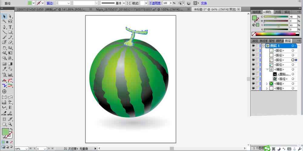 ai西瓜怎么画：绘制立体西瓜及设计条纹效果